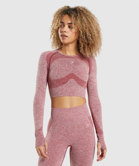 Women's Gymshark Flex Sports Long Sleeve Cropped Tops Burgundy | NZ 9JPZNF